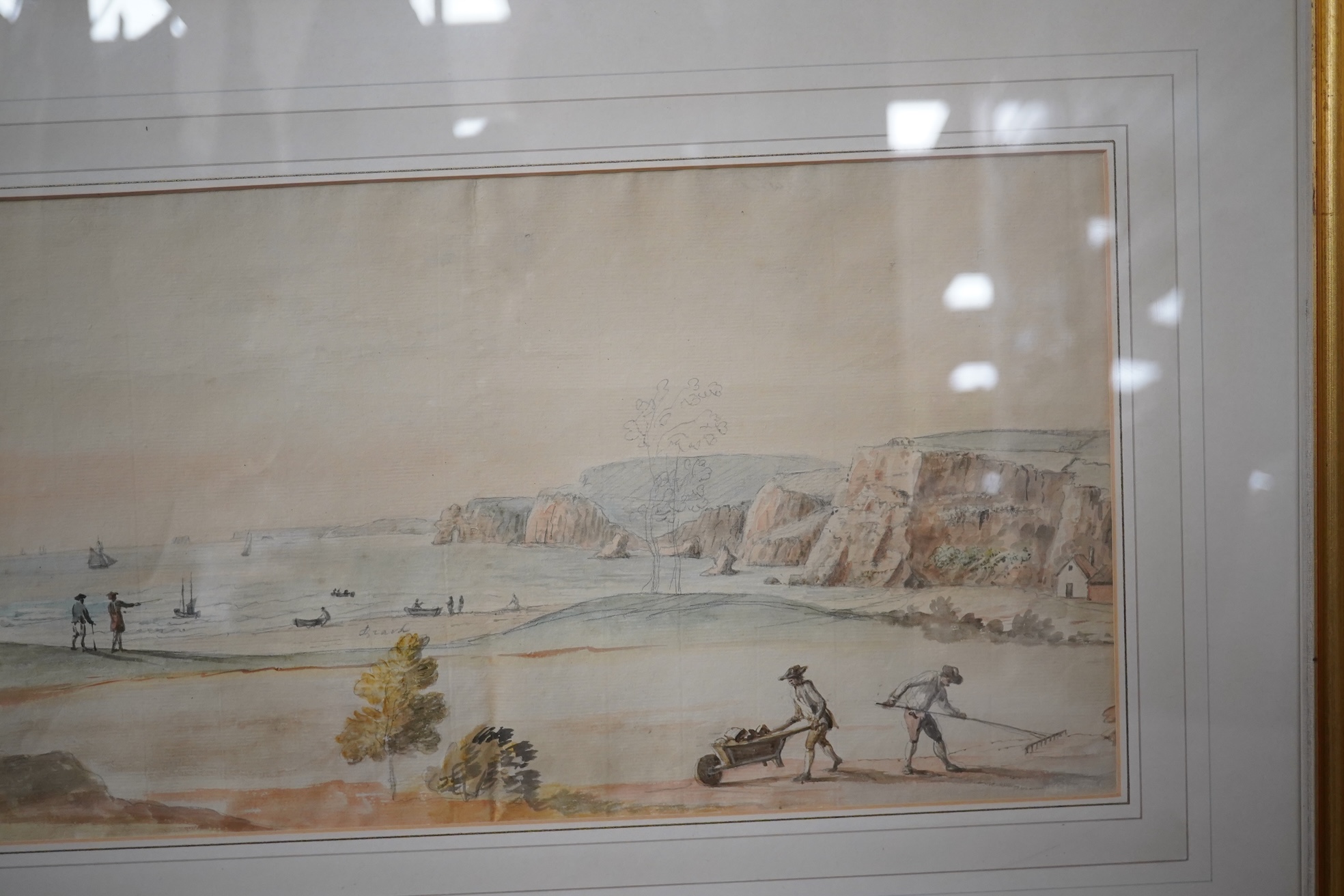 18th century, English School, ink and watercolour, Landscape with figures on beach, gardeners in the foreground, unsigned, 23 x 54cm. Condition - poor